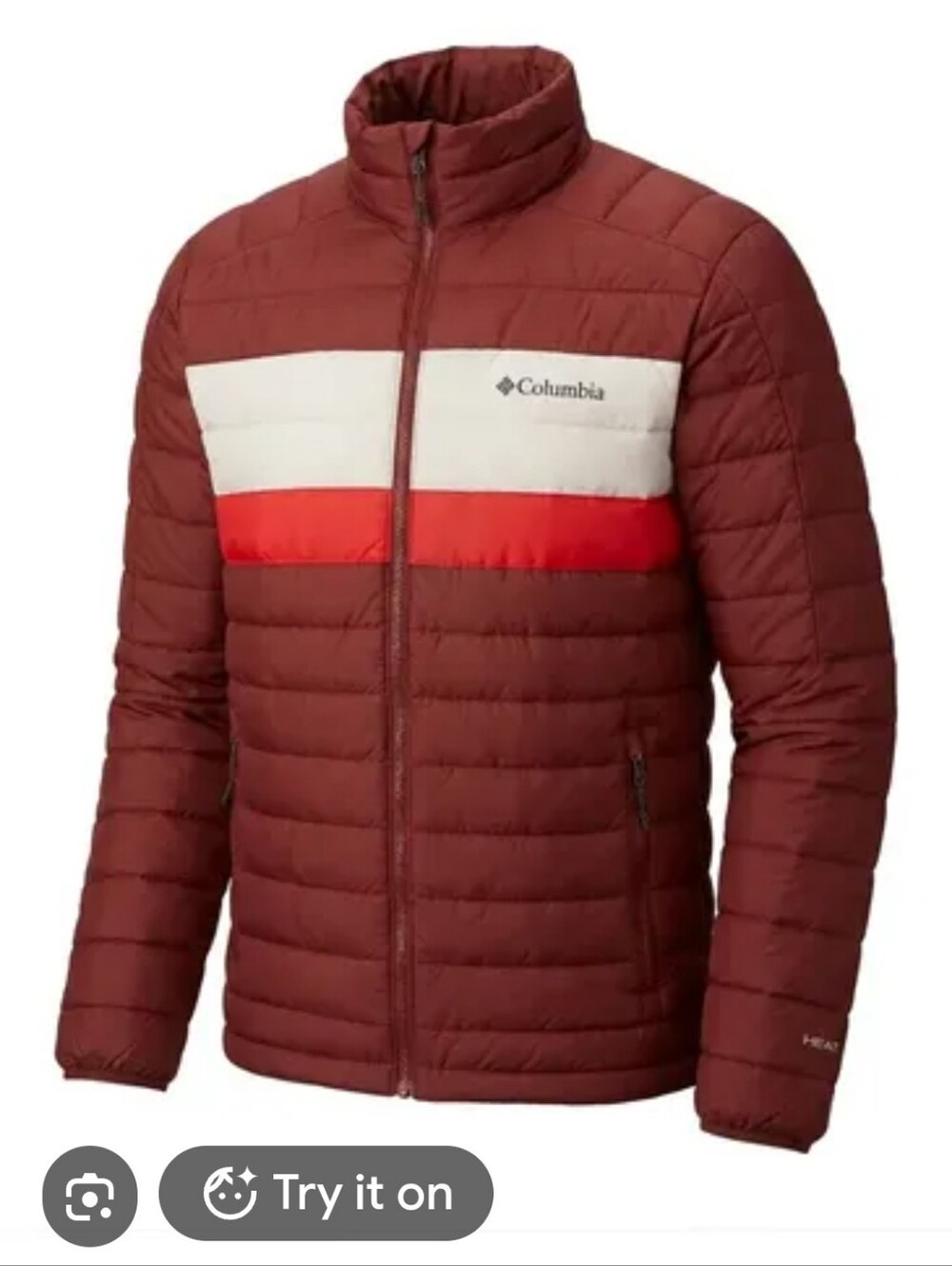 Columbia Men's Burgundy Puffer Jacket with White and Orange Chest Stripes